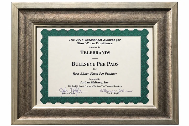 2014 Bullseye Pee Pads award certificate