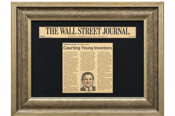 Framed Wall Street Journal article, Courting Young Inventors, November 10, 2010